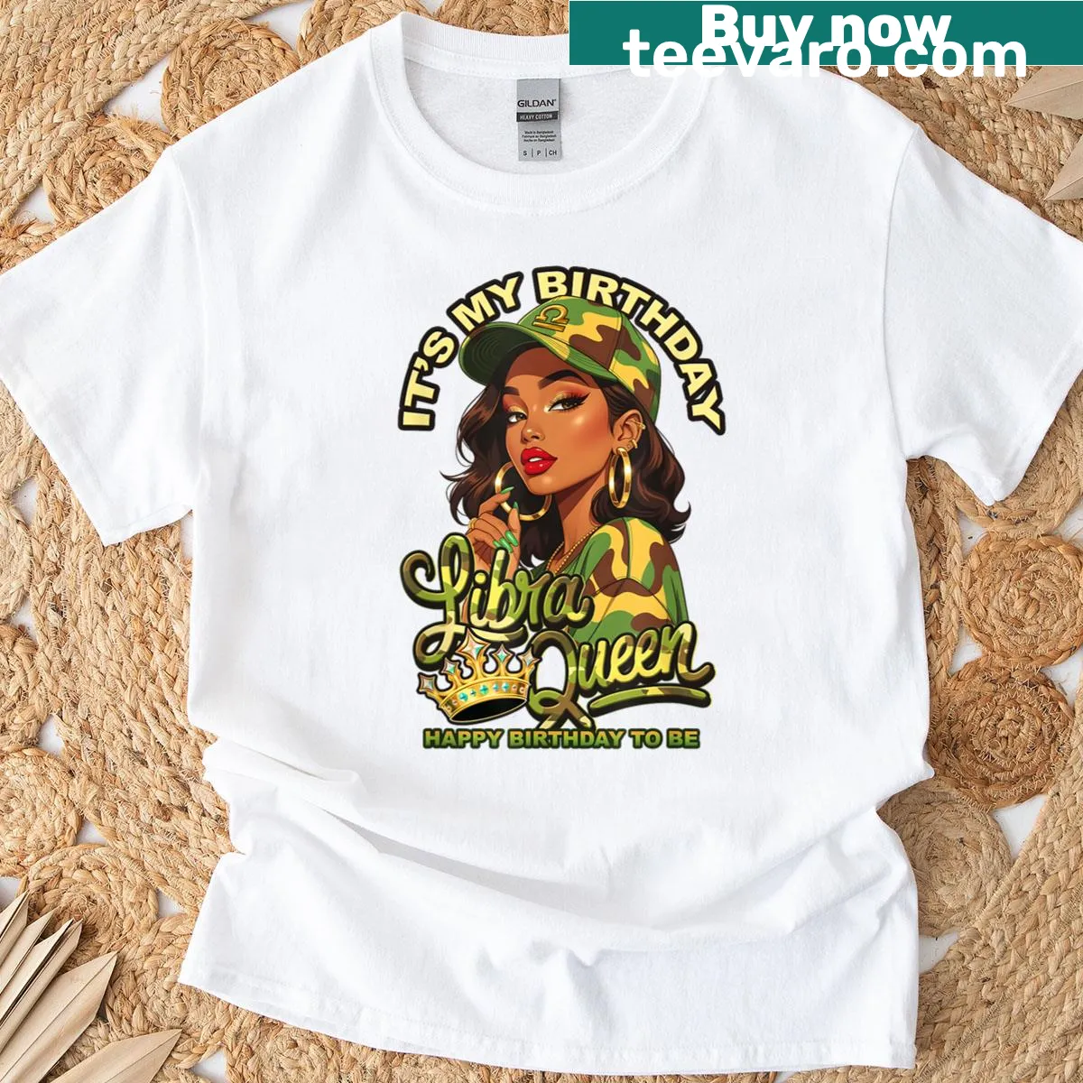 Empowering illustration of a black woman with camo cap — on a men's t-shirt