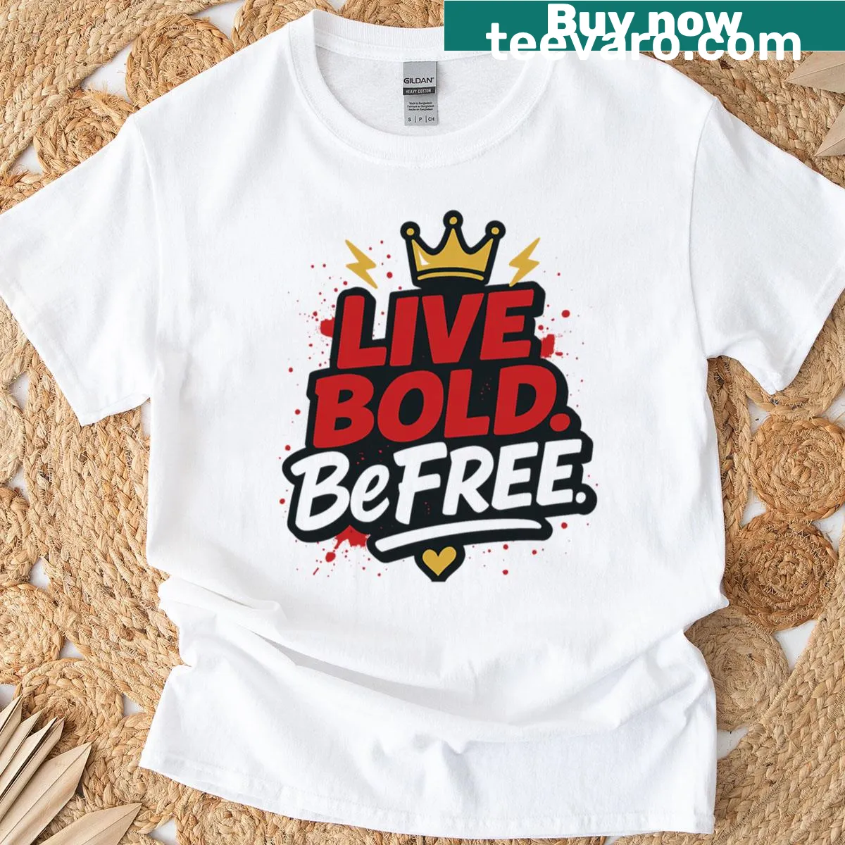 Motivational T-shirt with the phrase Live Bold Befree in bold typography — on a men's t-shirt