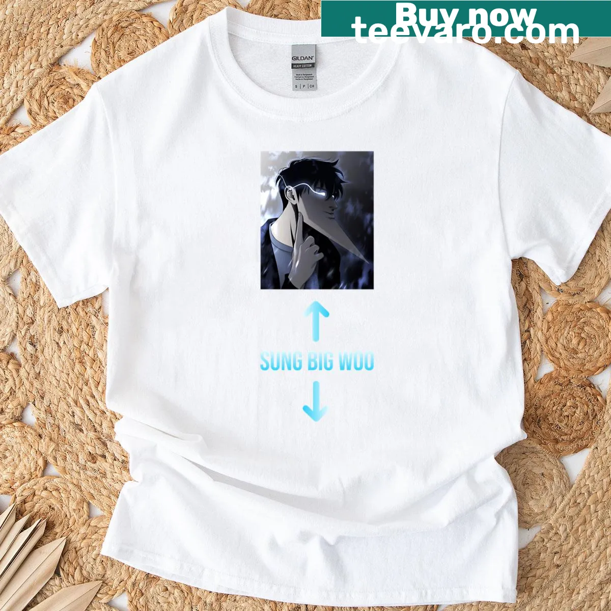 Cartoon T-shirt featuring a main anime character with a big chin — on a men's t-shirt