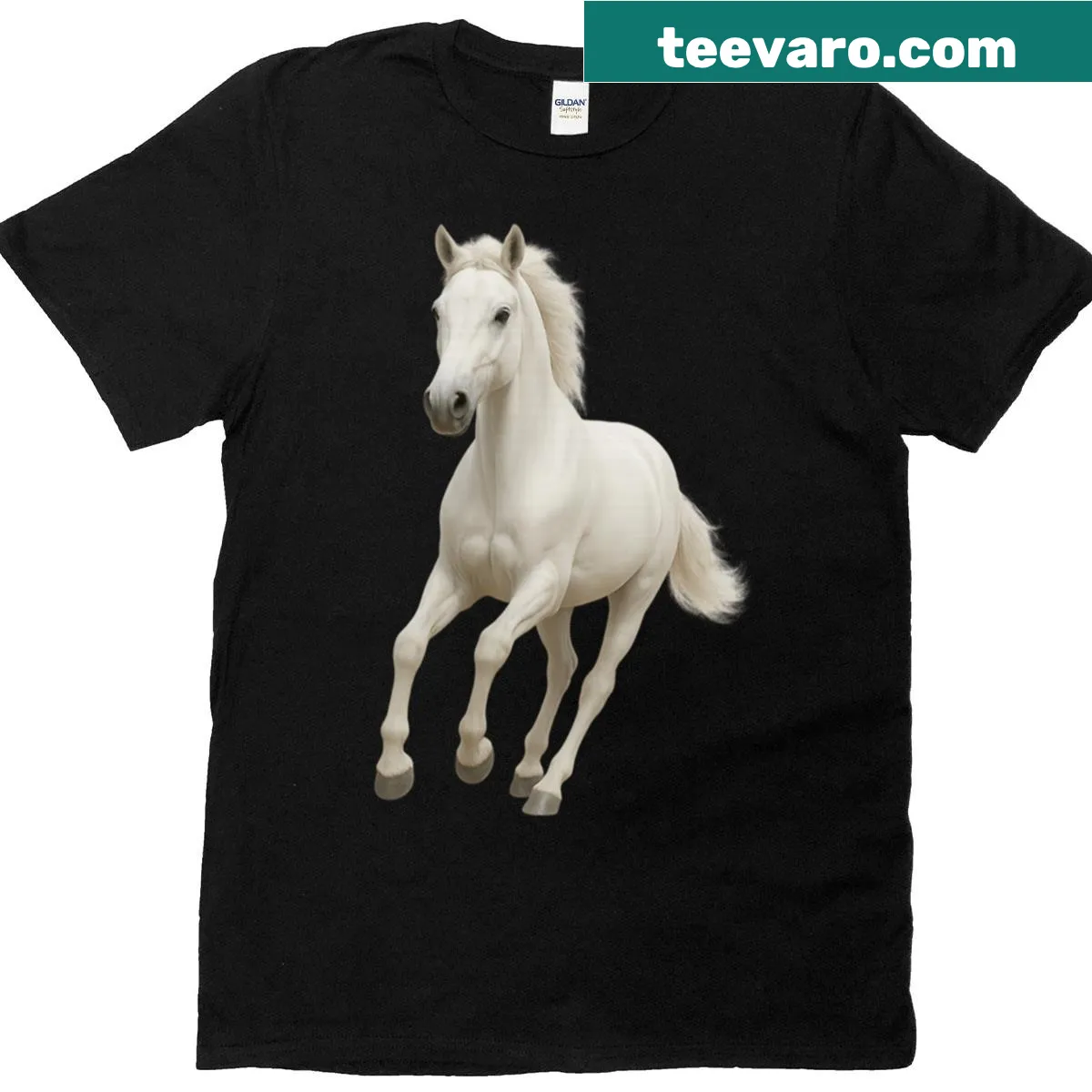 Realistic design T-shirt featuring a majestic white horse — on a men's t-shirt