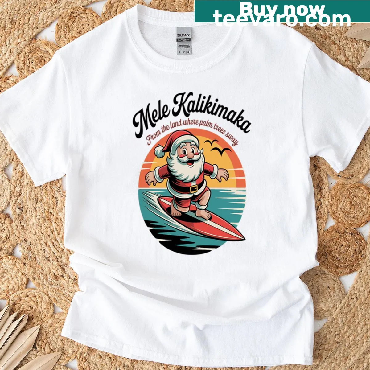 Santa surfing on a wave design for Christmas T-shirt — on a men's t-shirt