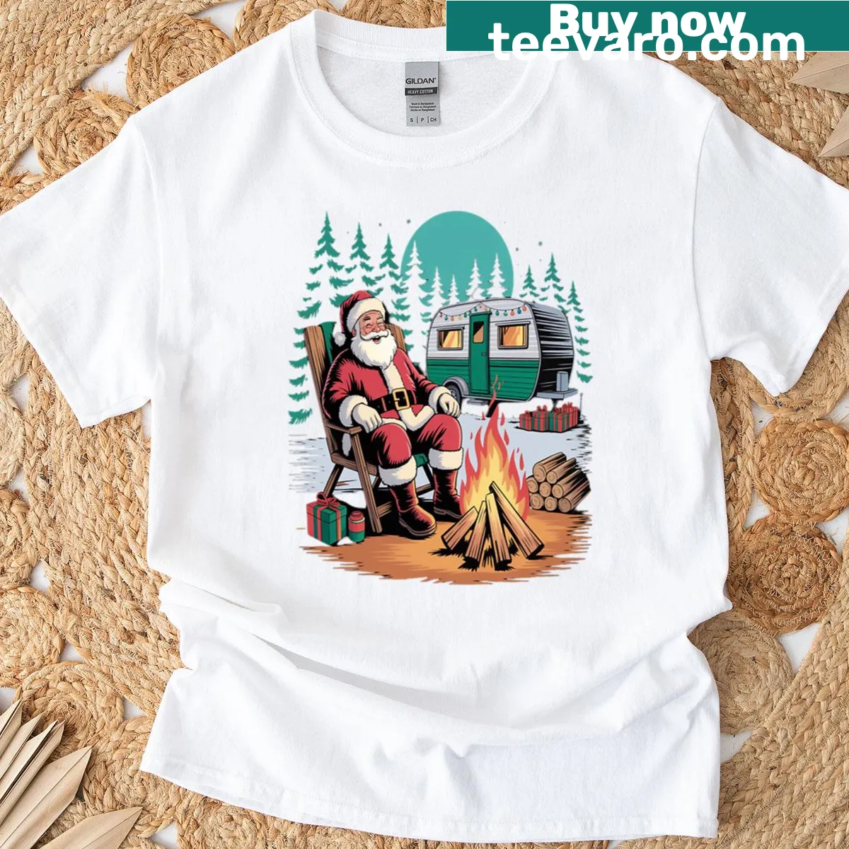 Illustrated Santa in a camper for a festive holiday camping theme — on a men's t-shirt