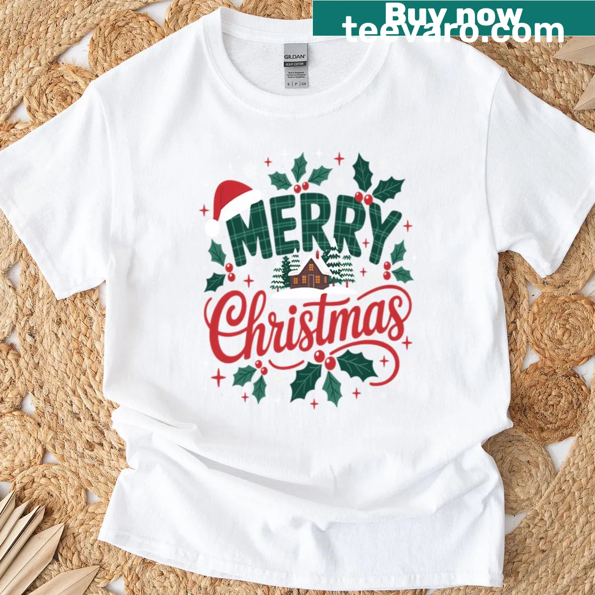 Cute Christmas T-shirt with Santa hat and holly design — on a men's t-shirt