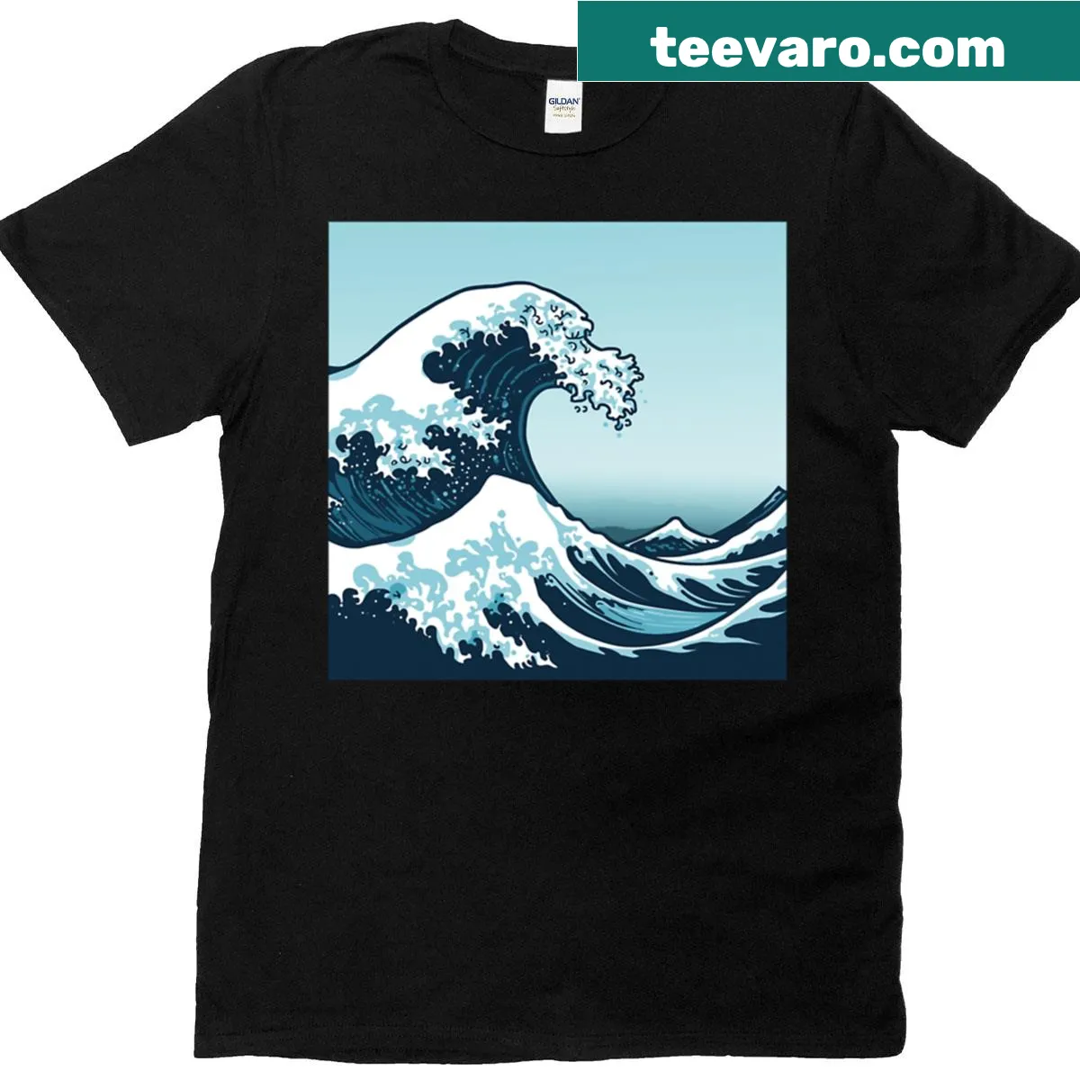 Deep blue wave design on an ocean-themed T-shirt — on a men's t-shirt