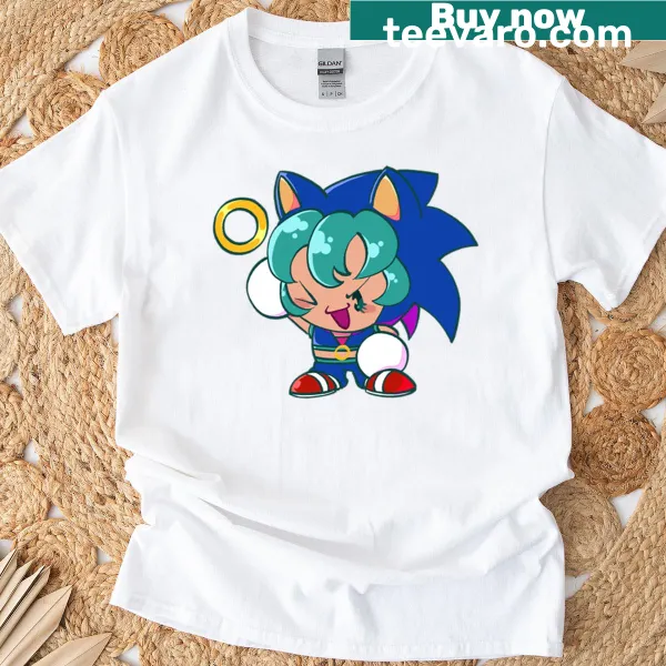 Cartoon graphic of Miku in Sonic outfit on a T-shirt.