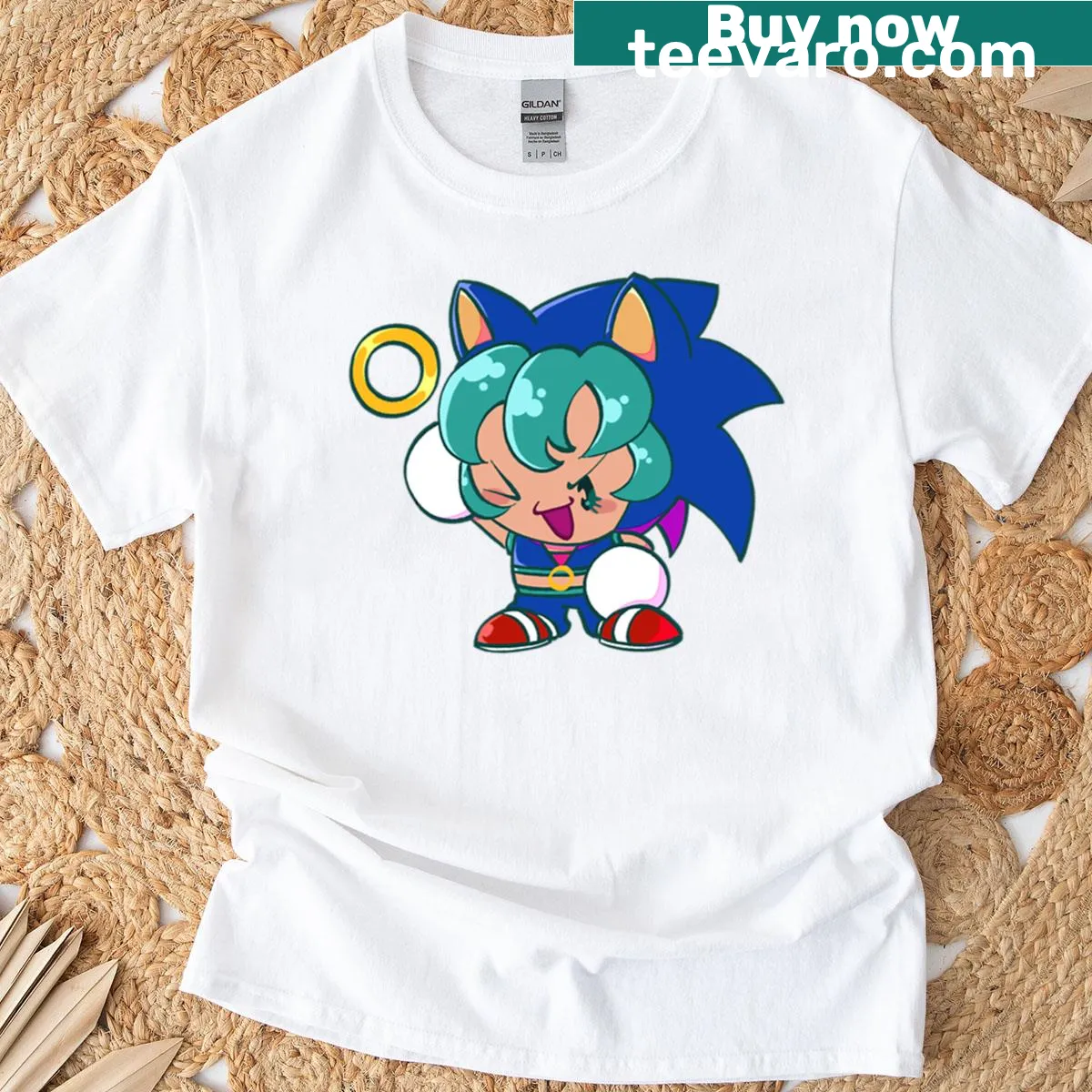 Cartoon graphic of Miku in Sonic outfit on a T-shirt. — on a men's t-shirt