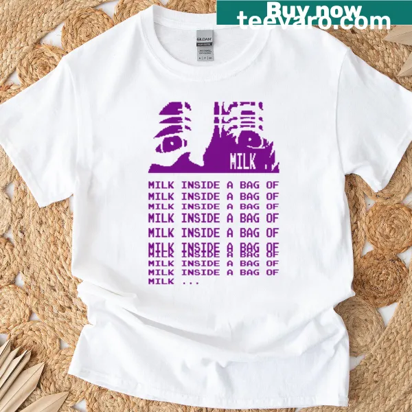Funny T-shirt with a graphic of milk inside a bag