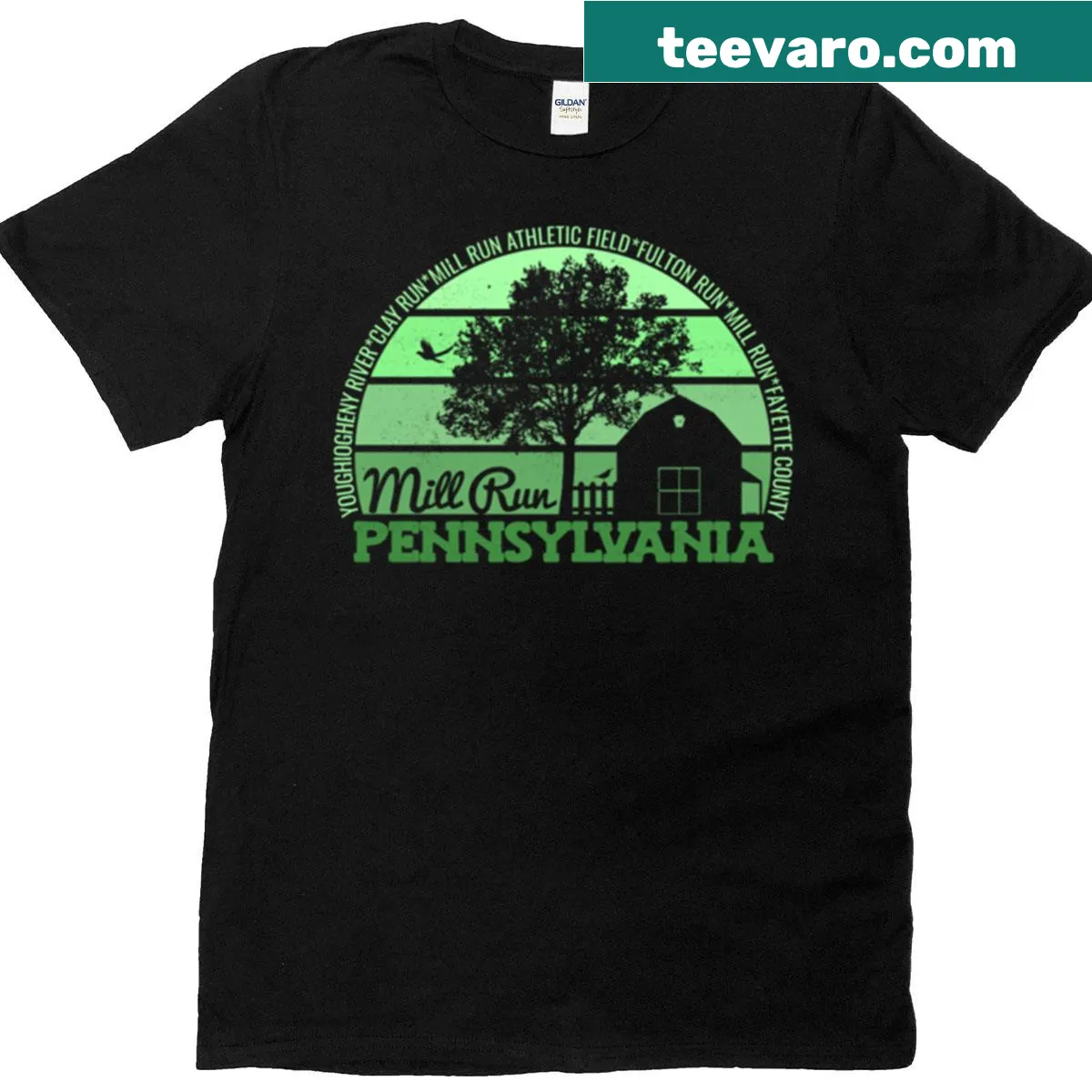 Retro logo T-shirt featuring a Mill Run sunset design — on a men's t-shirt
