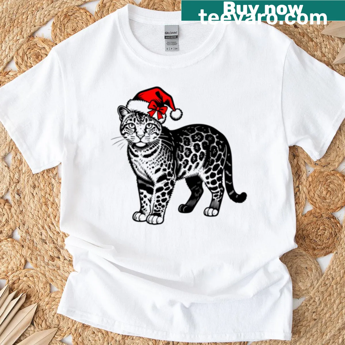 Minimalist leopard cat silhouette with Santa hat design — on a men's t-shirt