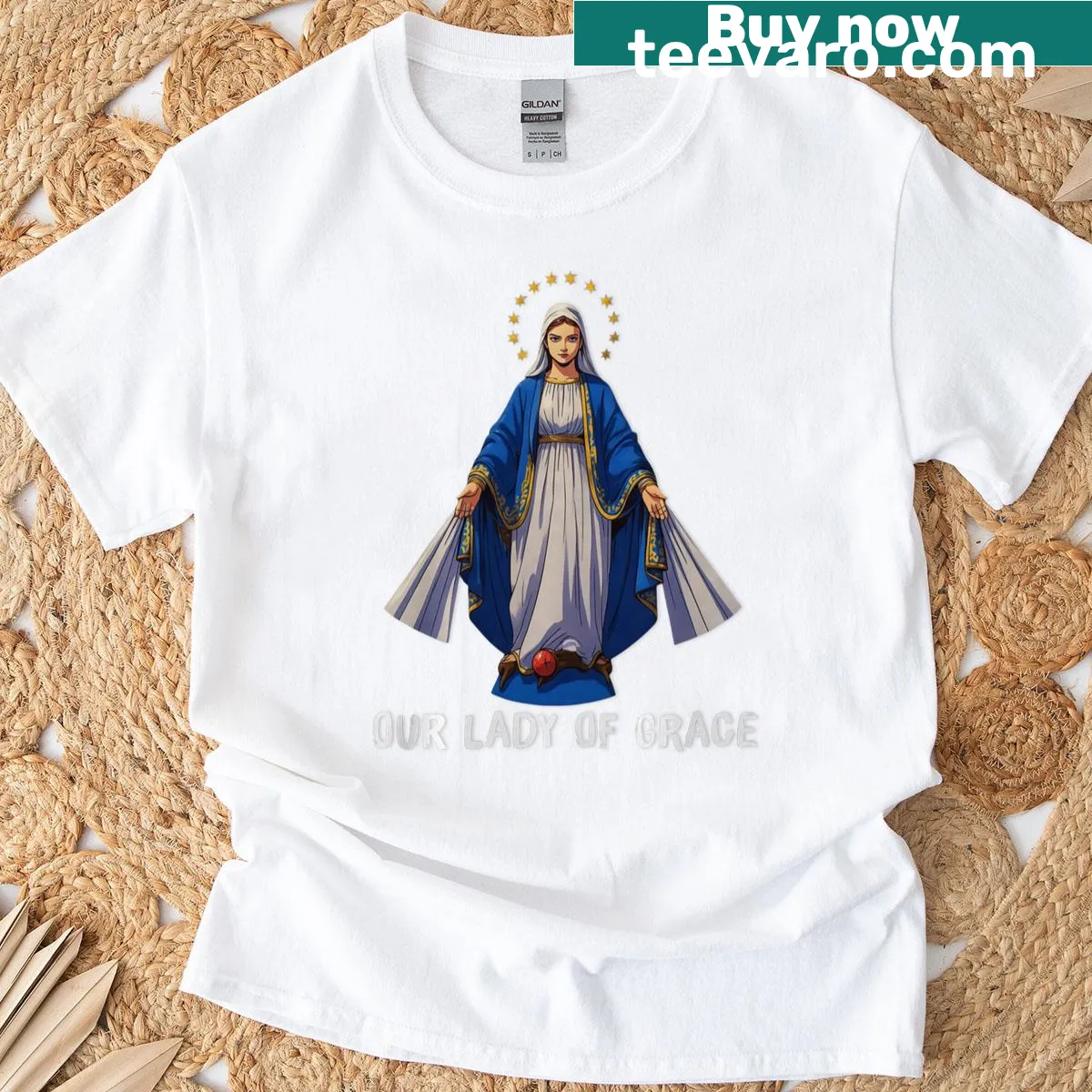 Miraculous Medal design featuring Our Lady of Grace on T-shirt — on a men's t-shirt