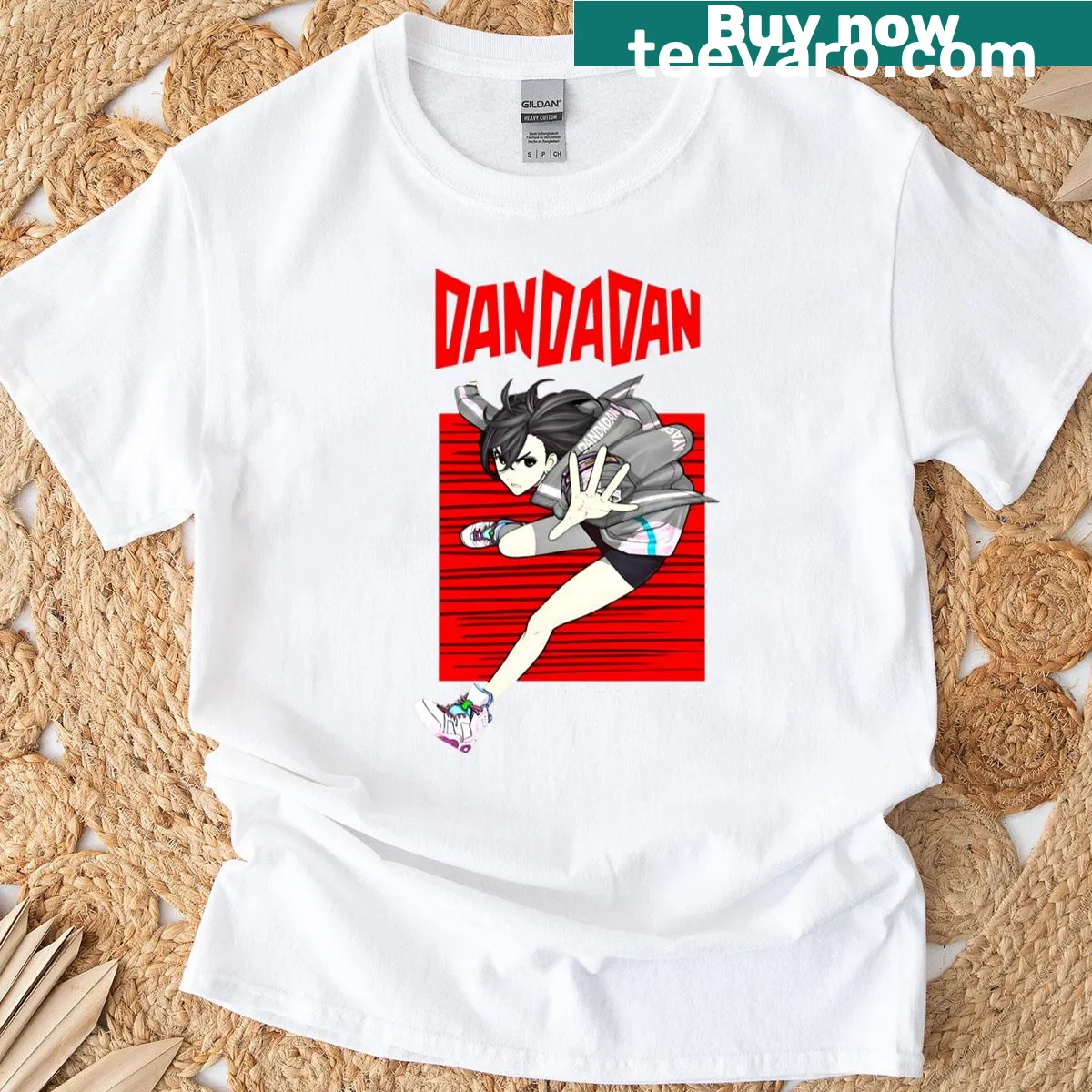 Oversized Momo Ayase t-shirt with playful character illustration — on a men's t-shirt