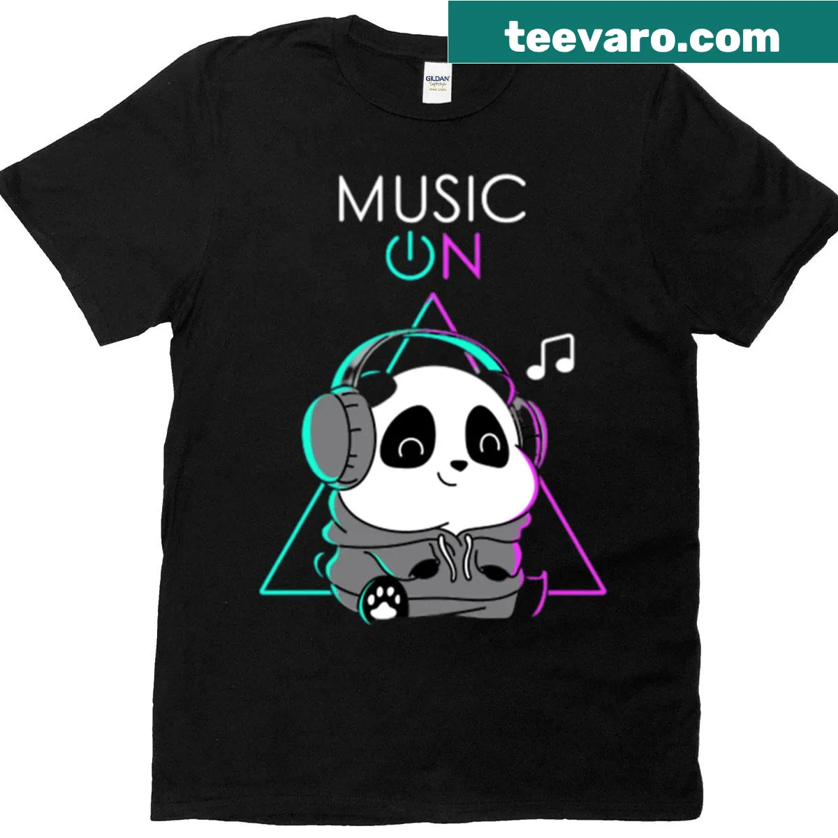 Cartoon panda enjoying music on a T-shirt — on a men's t-shirt