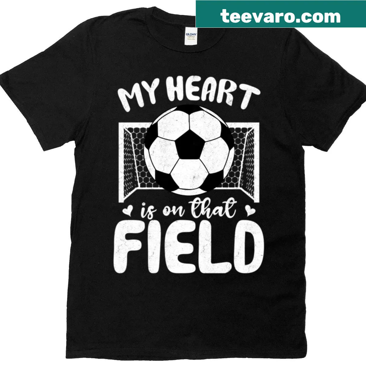 Funny soccer-themed Christmas shirt with a heart on the field design — on a men's t-shirt