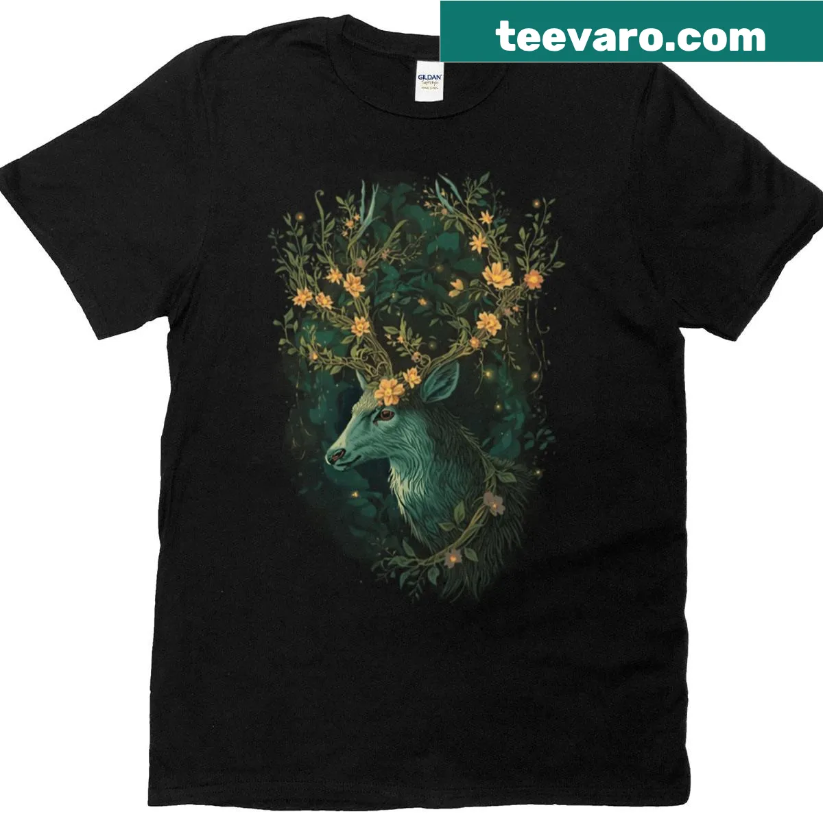 Illustrated mystical deer design on a T-shirt — on a men's t-shirt