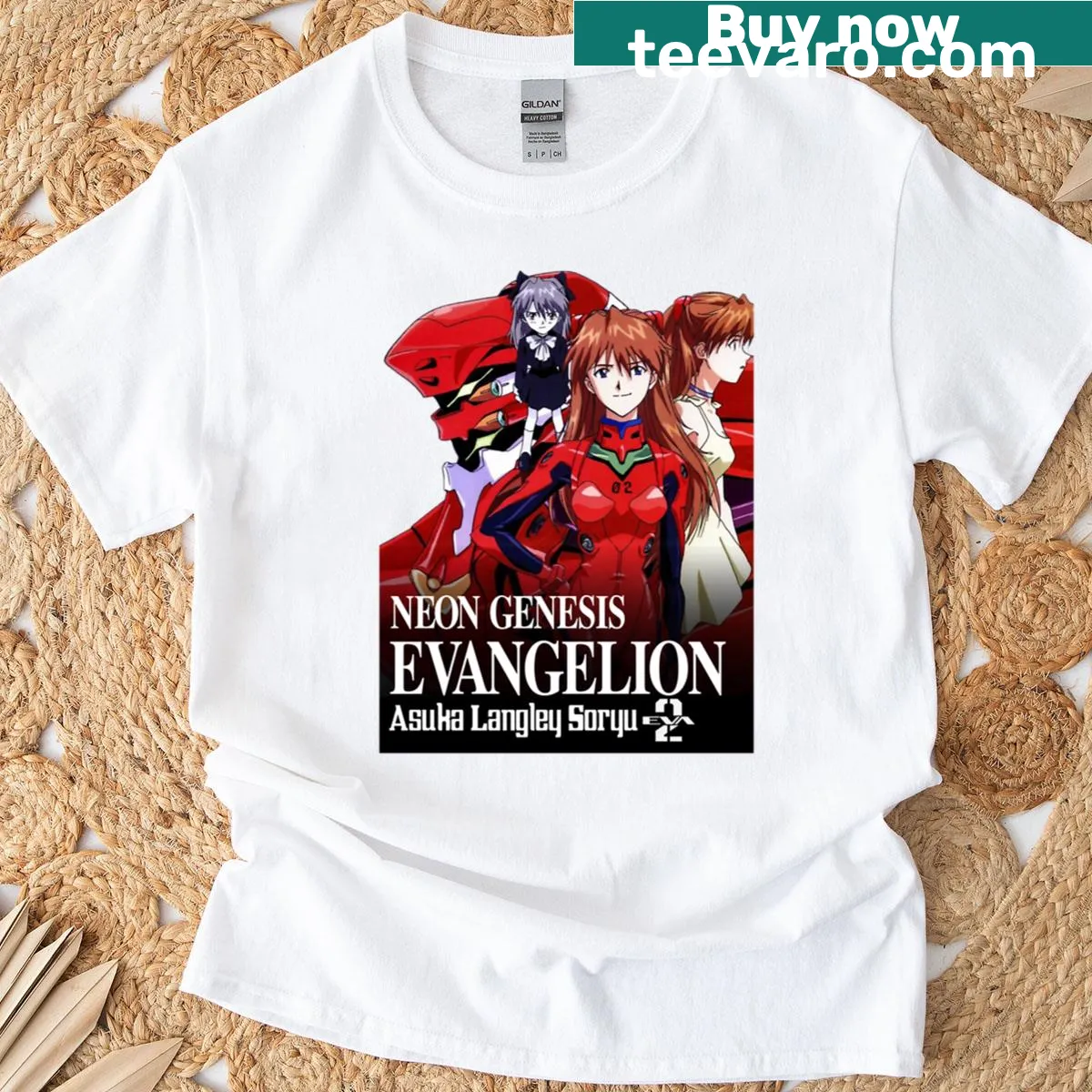 Asuka and Eva Unit-02 graphic on an anime-themed t-shirt — on a men's t-shirt