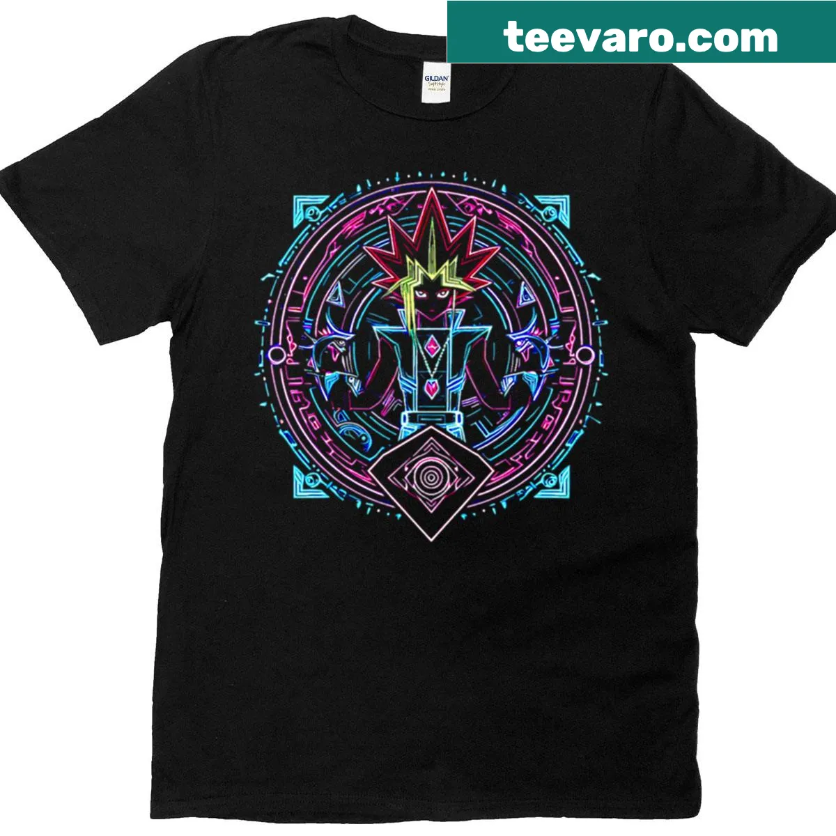 Illustrative t-shirt featuring Neon Yugi character from anime — on a men's t-shirt