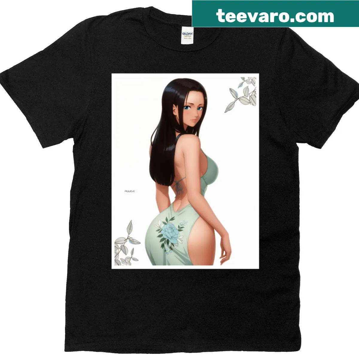 Nico Robin from One Piece illustrated on a beach-themed t-shirt — on a men's t-shirt