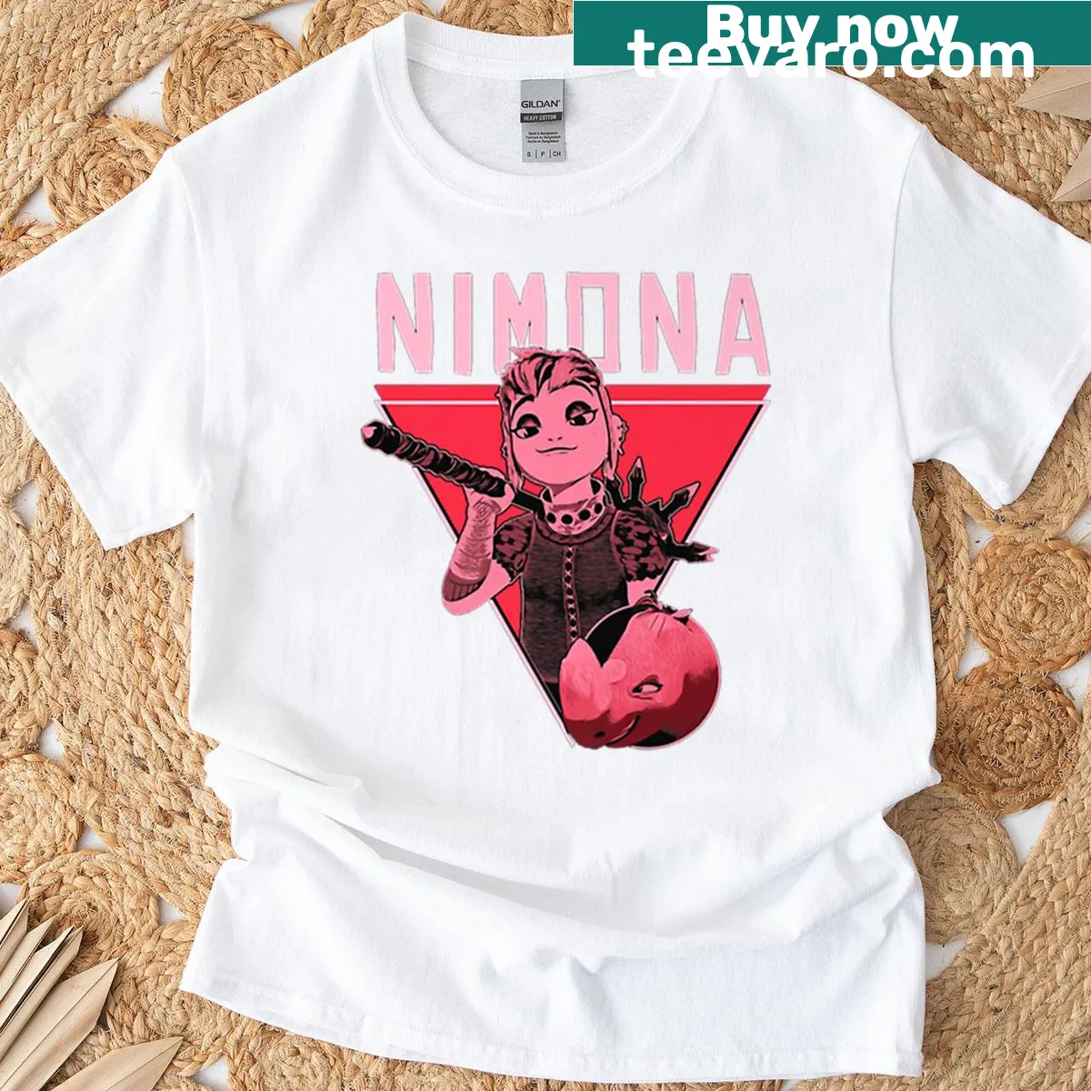 Playful cartoon graphic t-shirt inspired by Nimona — on a men's t-shirt