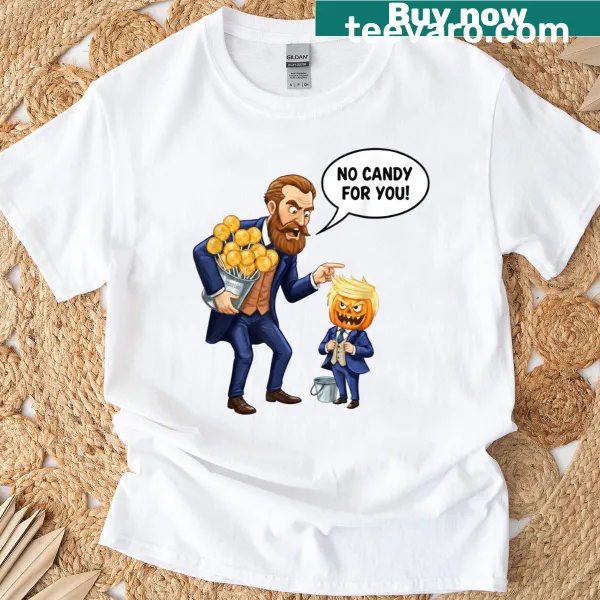 Humorous 'No Candy For You' phrase on a candy-themed T-shirt