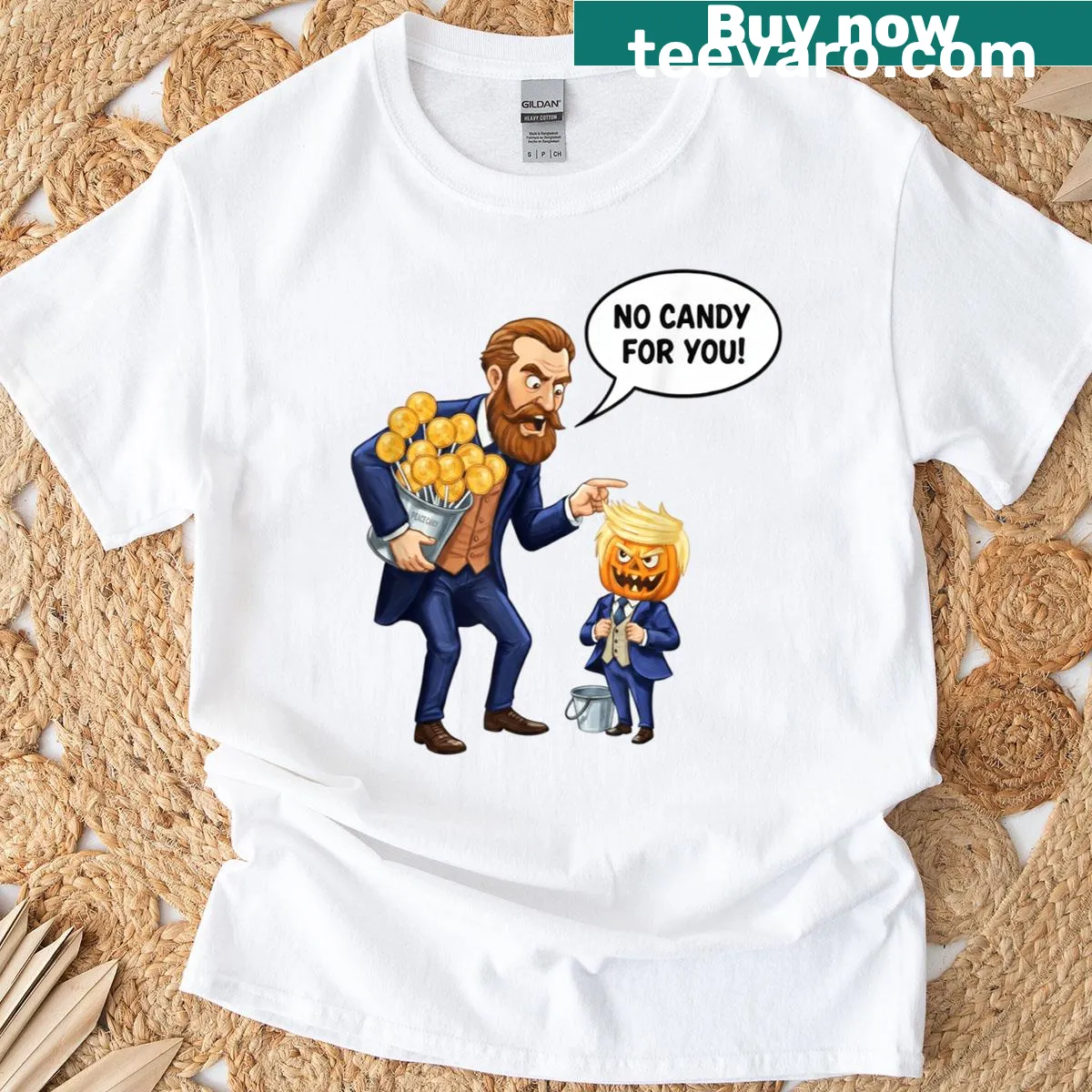 Humorous 'No Candy For You' phrase on a candy-themed T-shirt — on a men's t-shirt