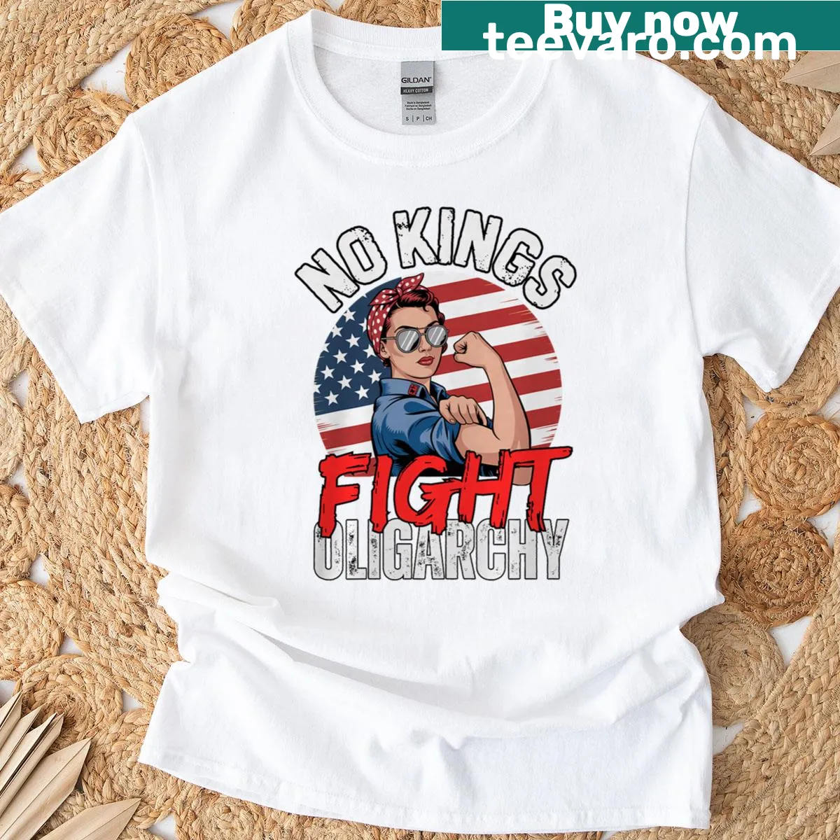 Bold text graphic T-shirt against oligarchy — on a men's t-shirt