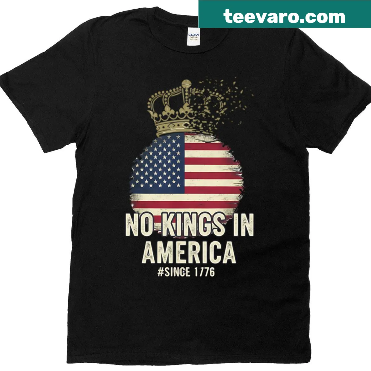 Vintage No Kings in America T-shirt with distressed USA flag design — on a men's t-shirt