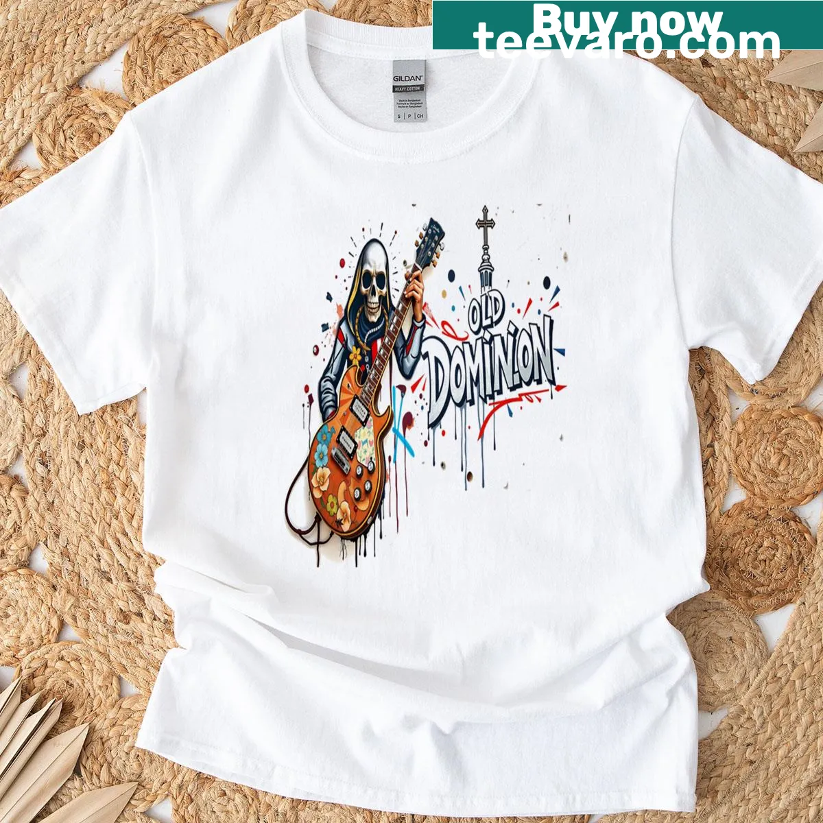 Professional graffiti guitar design t-shirt — on a men's t-shirt