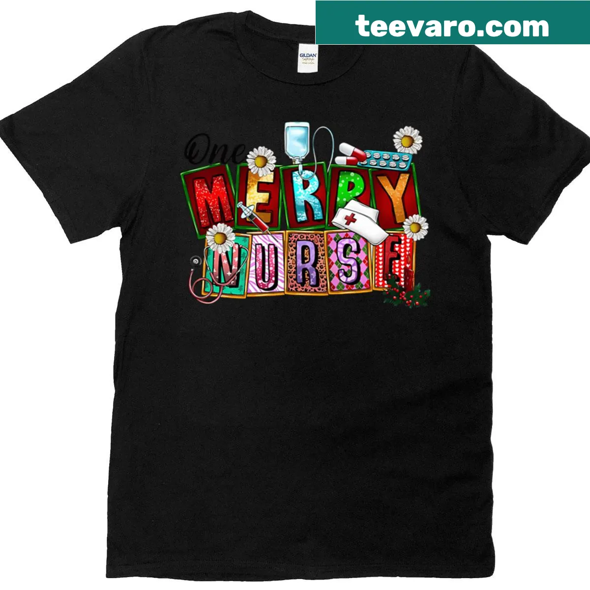 Festive T-shirt for nurses with Christmas and medical illustrations — on a men's t-shirt