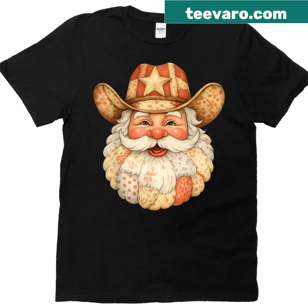 Patchwork design T-shirt featuring Santa Claus in a western theme