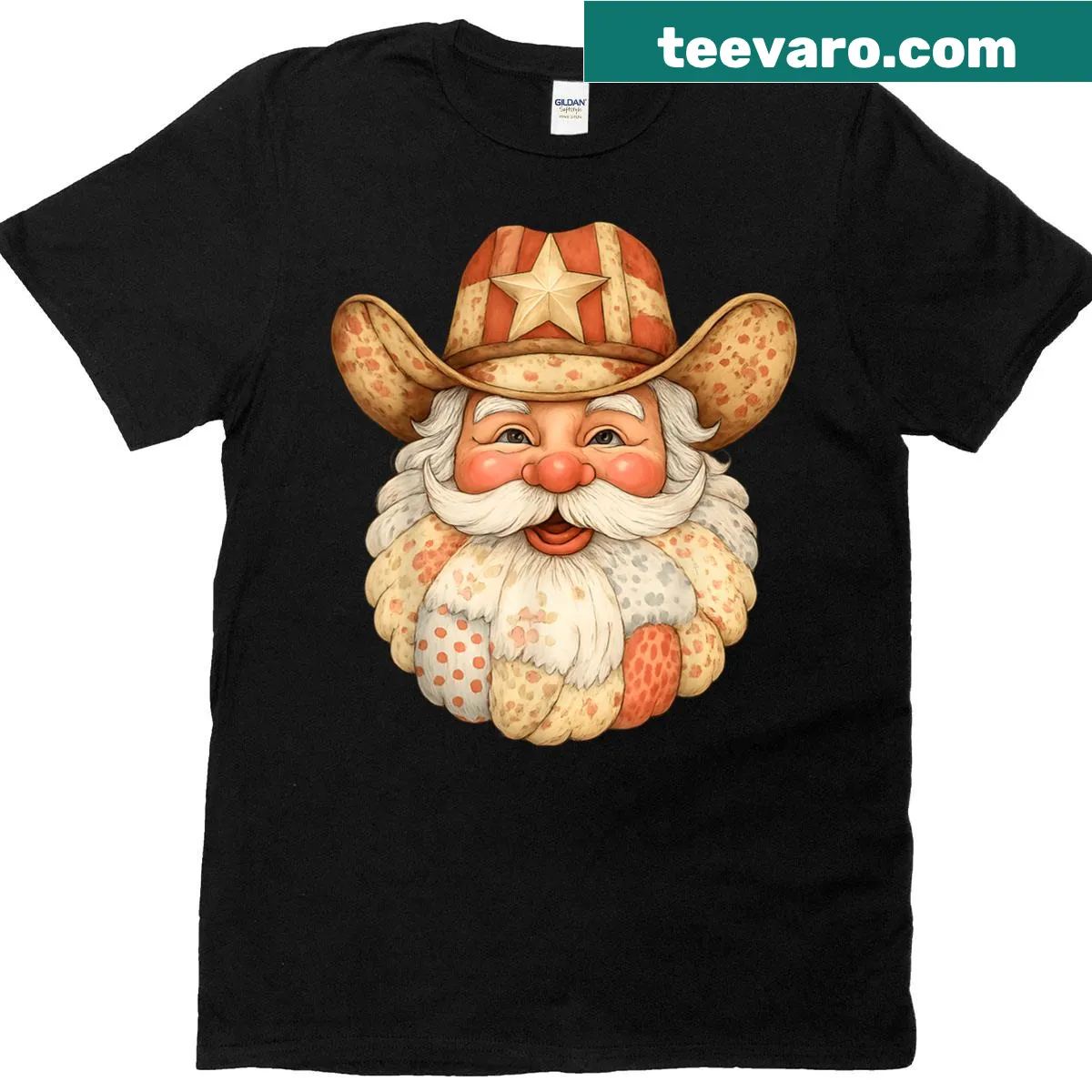Patchwork design T-shirt featuring Santa Claus in a western theme — on a men's t-shirt