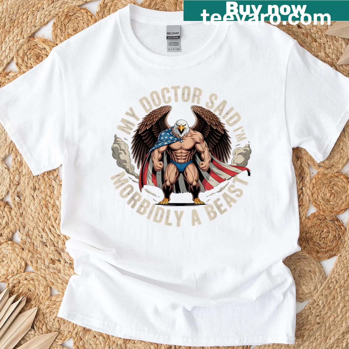Patriotic t-shirt featuring a bald eagle and humorous text — on a men's t-shirt