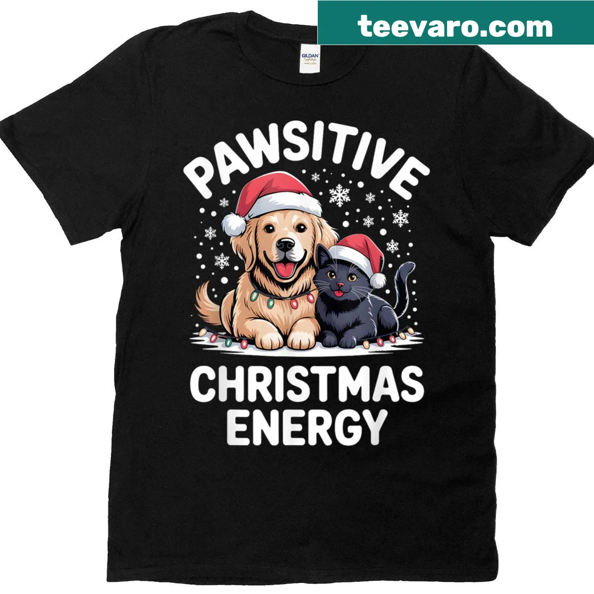 Cute holiday T-shirt with pawsitive energy design featuring dogs and cats — on a men's t-shirt