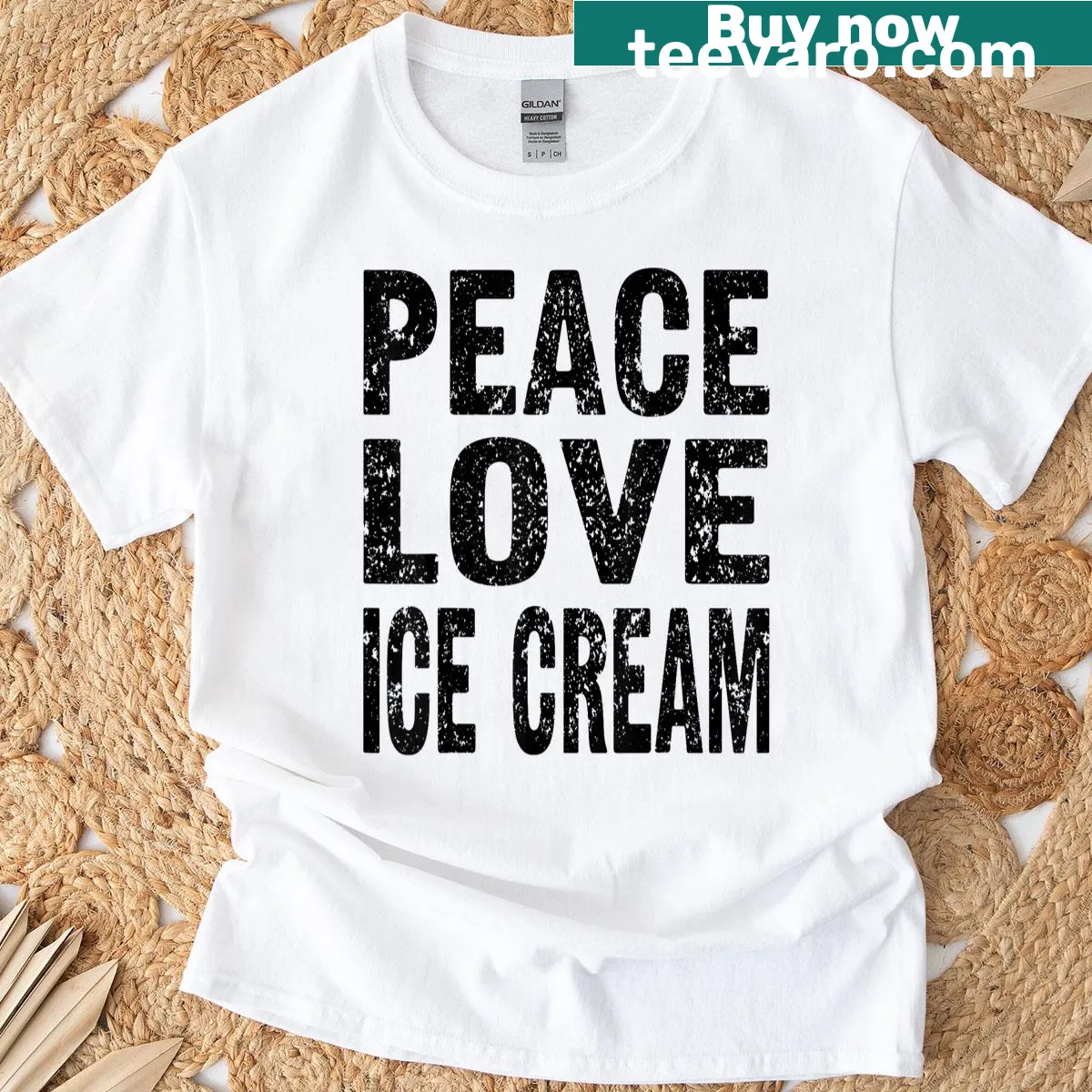 Cute t-shirt featuring peace, love, and ice cream illustrations — on a men's t-shirt