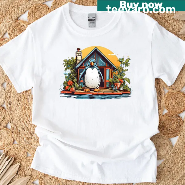 T-shirt featuring a cute penguin in a summer house illustration