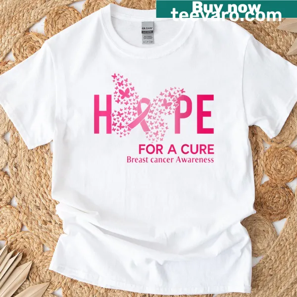 Illustrated t-shirt with pink ribbon and butterfly for awareness