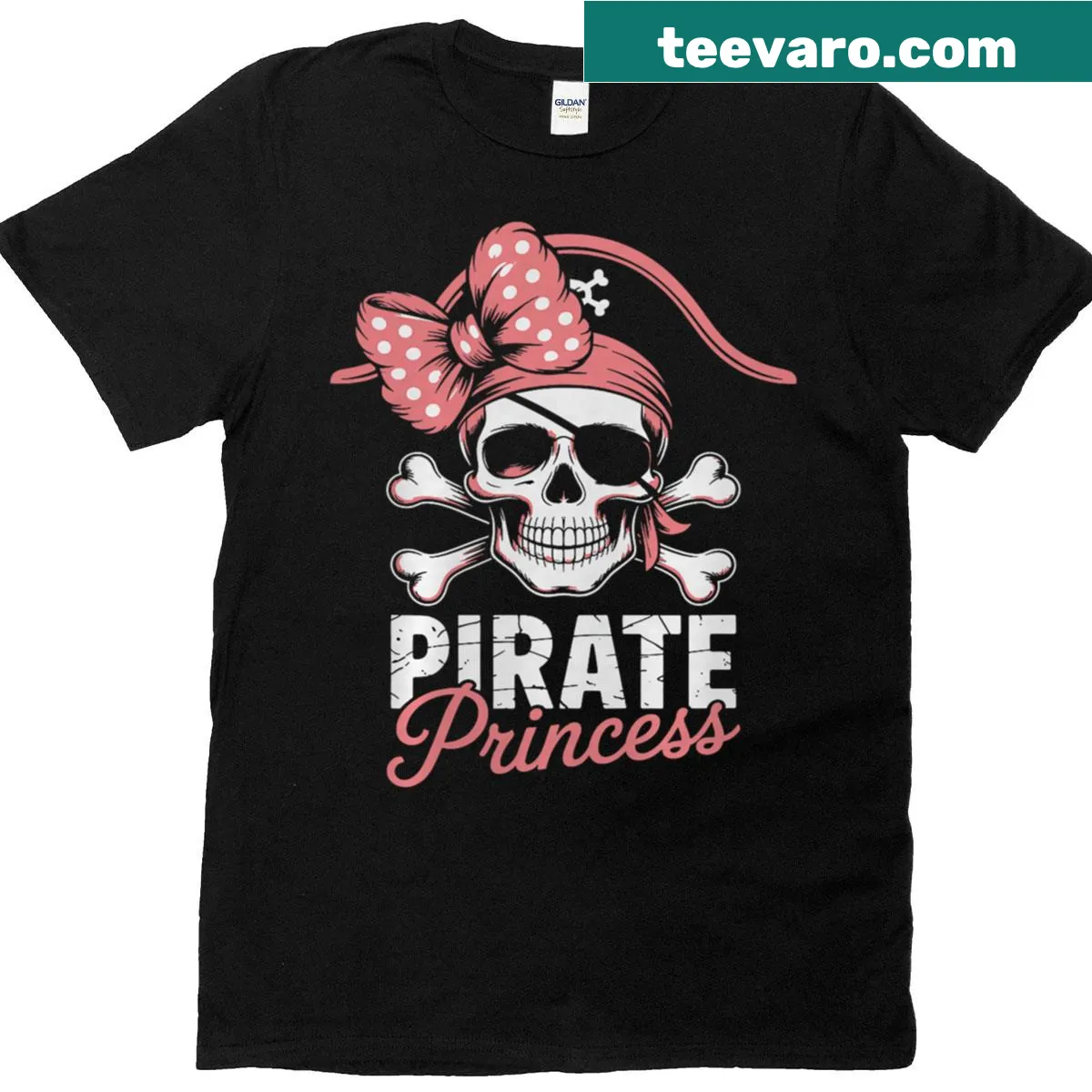 Pirate-themed skull with pink bow illustrated on a fun t-shirt — on a men's t-shirt