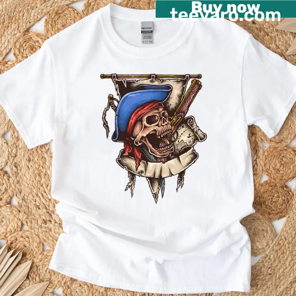 Bold pirate skull design with maps and a gothic banner