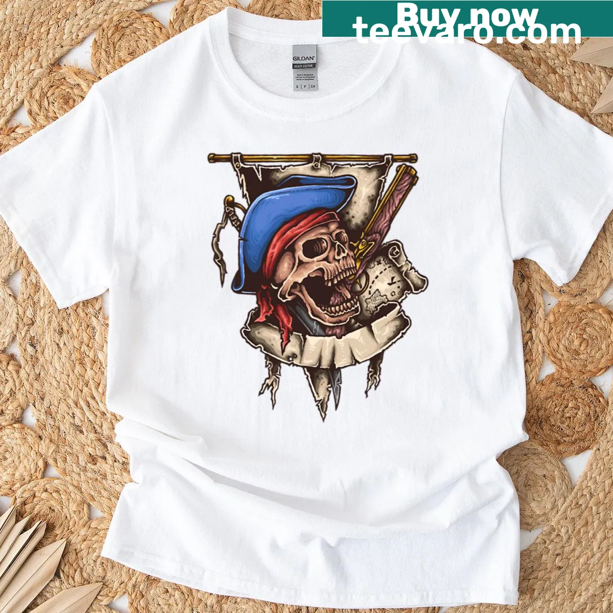 Bold pirate skull design with maps and a gothic banner — on a men's t-shirt