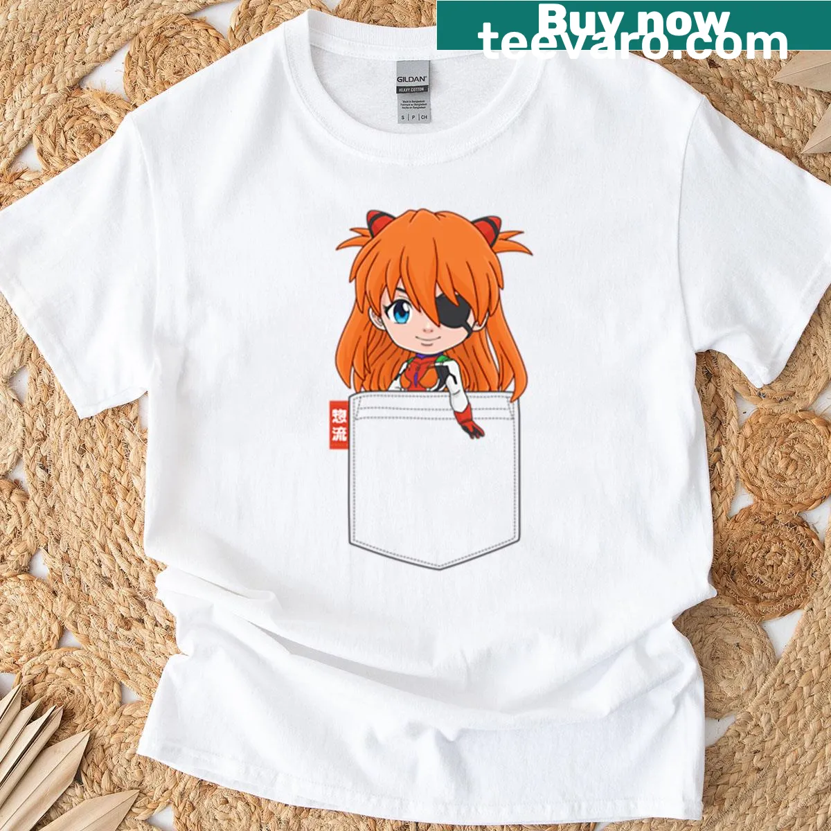 Pocket chibi Eva Asuka Langley oversized t-shirt — on a men's t-shirt