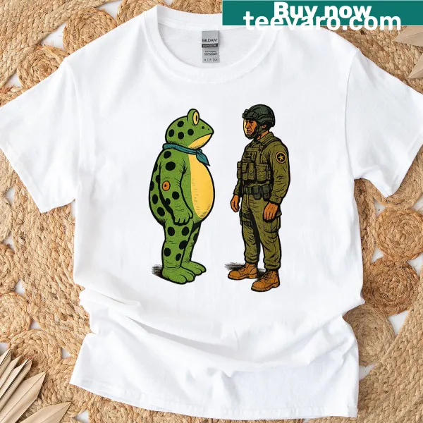 Playful cartoon t-shirt featuring frogs in a protest design.