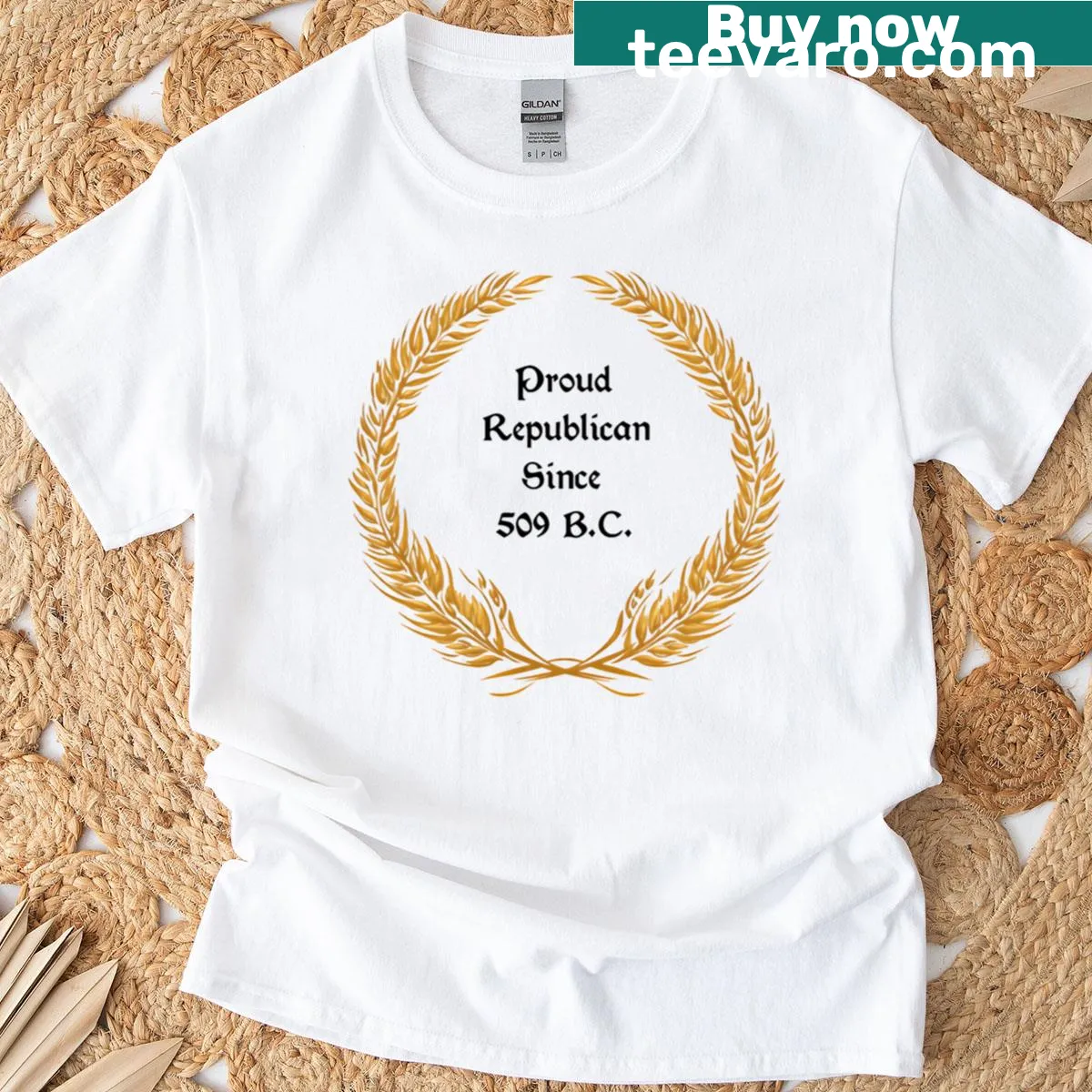 Typography t-shirt with Proud Republican design and meme elements. — on a men's t-shirt