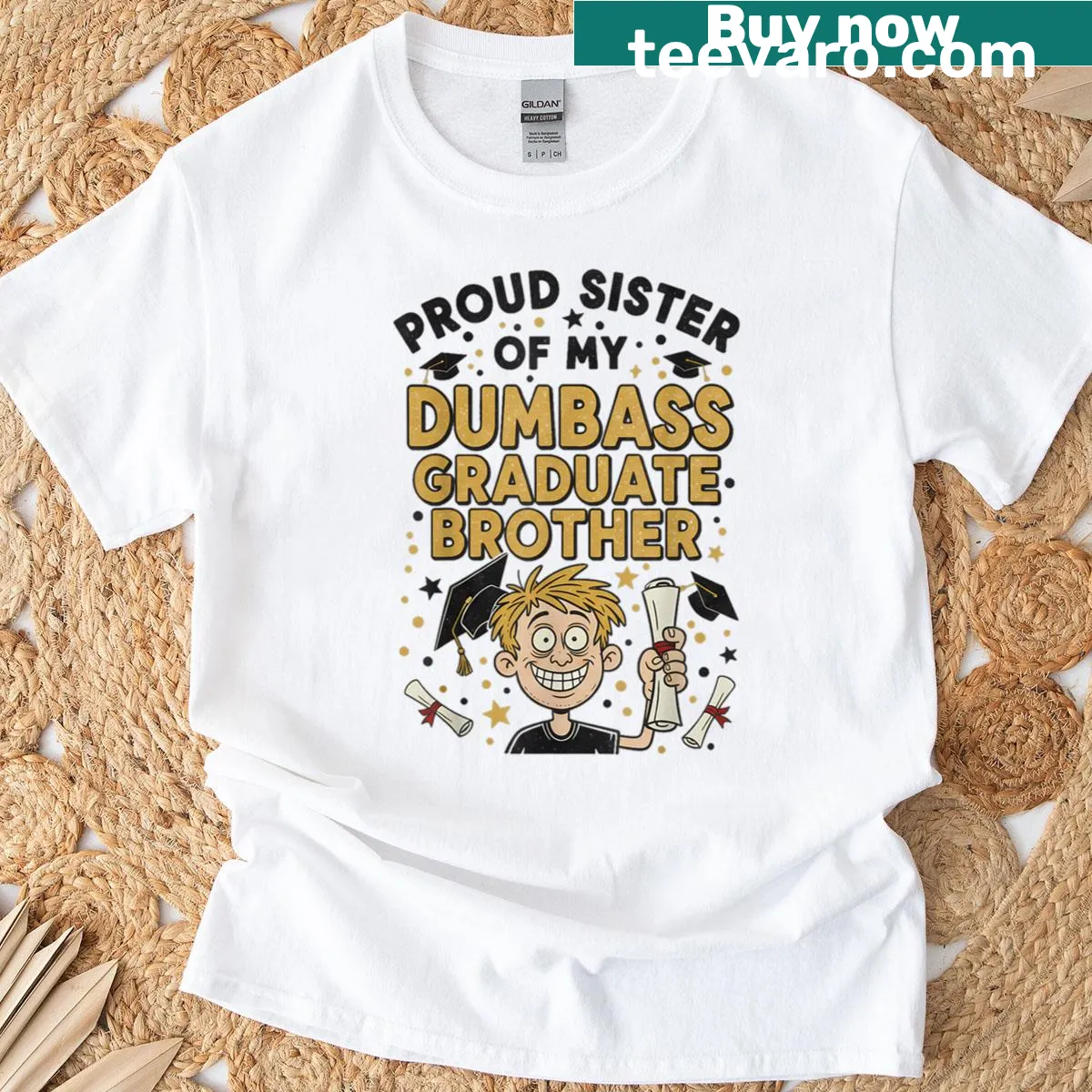 Humorous graphic t-shirt celebrating a graduate brother. — on a men's t-shirt