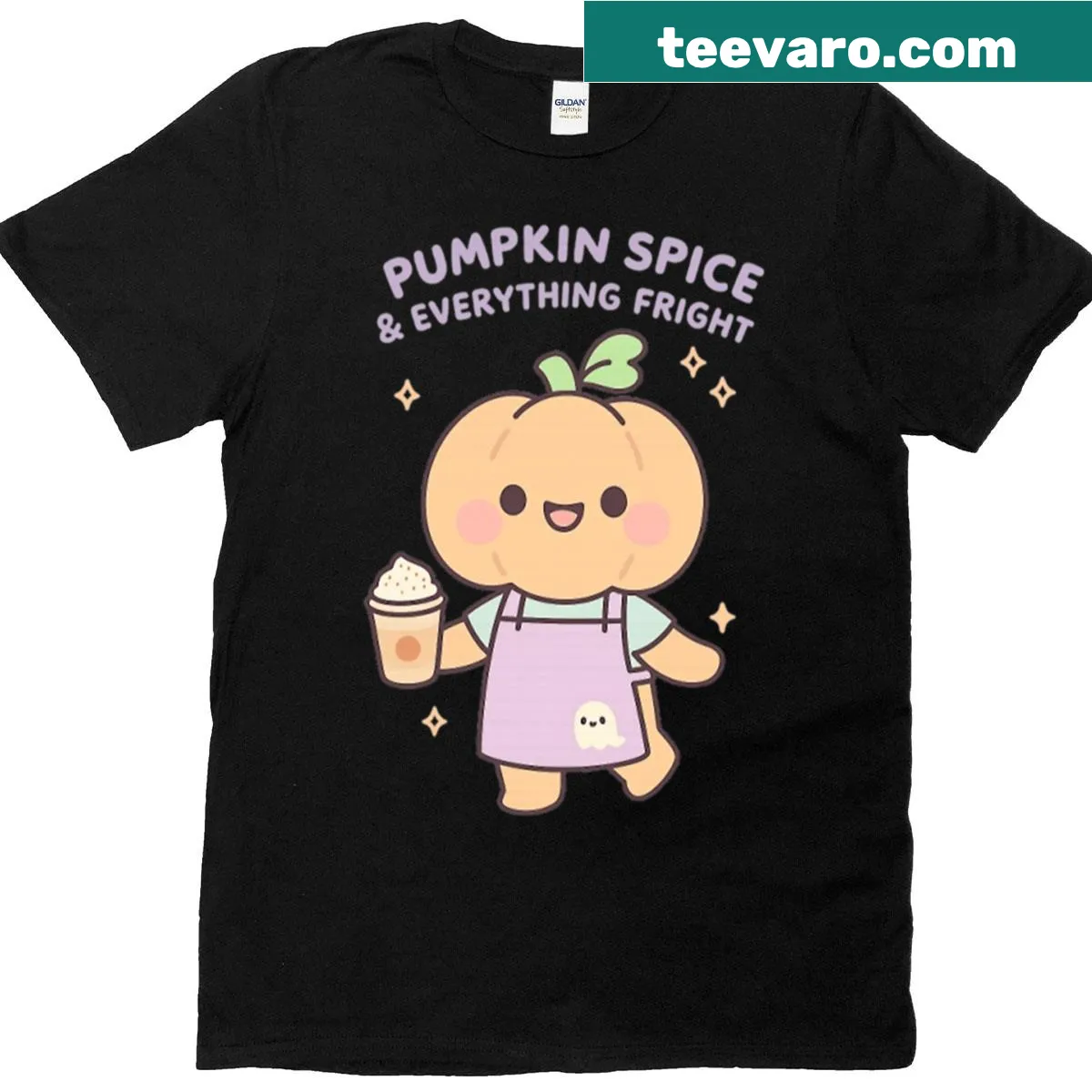 Cute autumn character with pumpkin spice graphic on a T-shirt — on a men's t-shirt