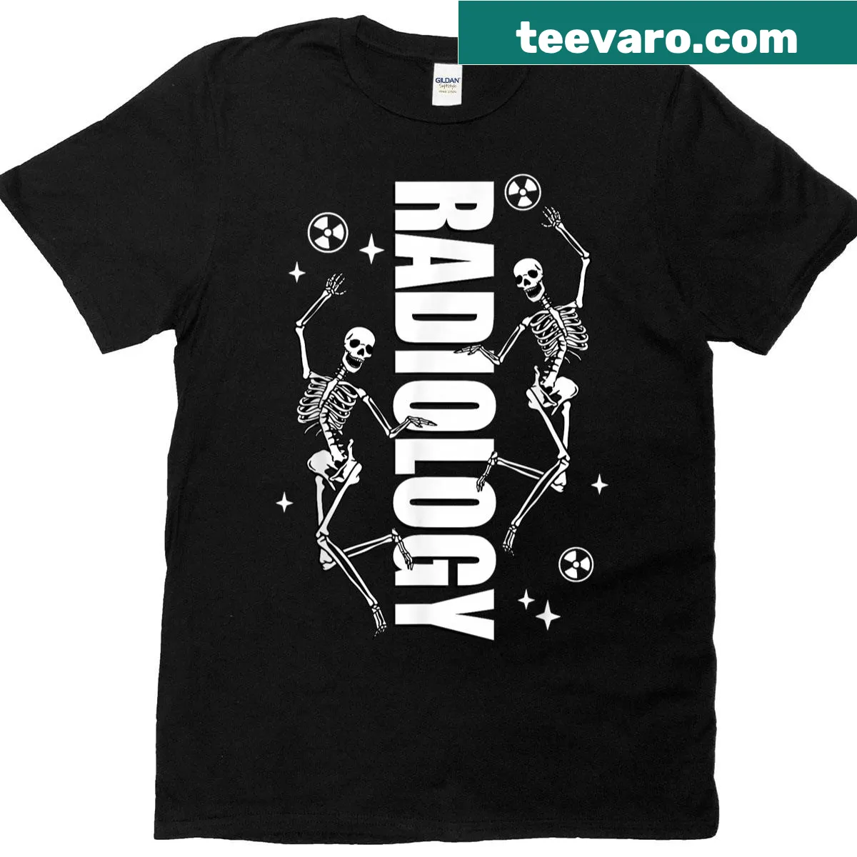 Funny radiology t-shirt featuring a skeleton in a medical theme — on a men's t-shirt