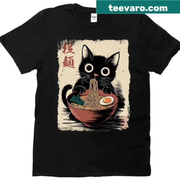 Cute black cat graphic on a ramen-themed t-shirt