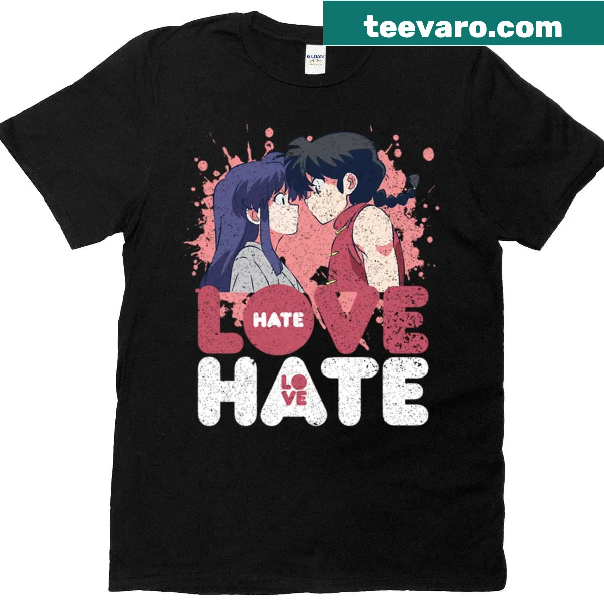 Grunge-style T-shirt with 'Love Hate Hate Love' text inspired by Ranma 1/2 — on a men's t-shirt
