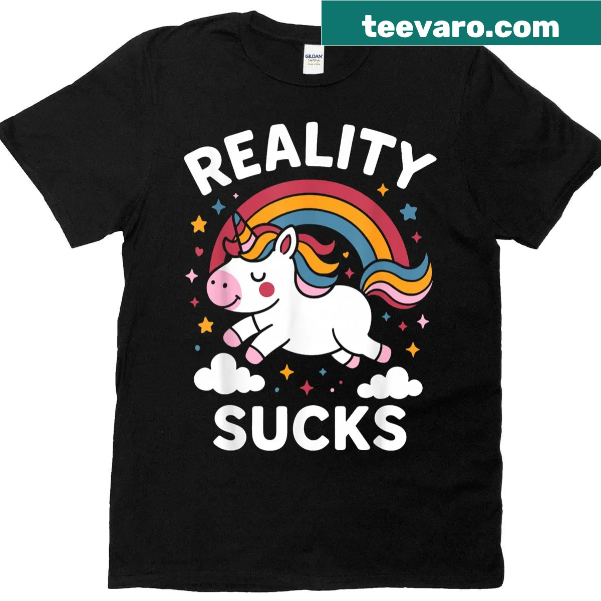 Kawaii chibi unicorn design with a rainbow backdrop — on a men's t-shirt