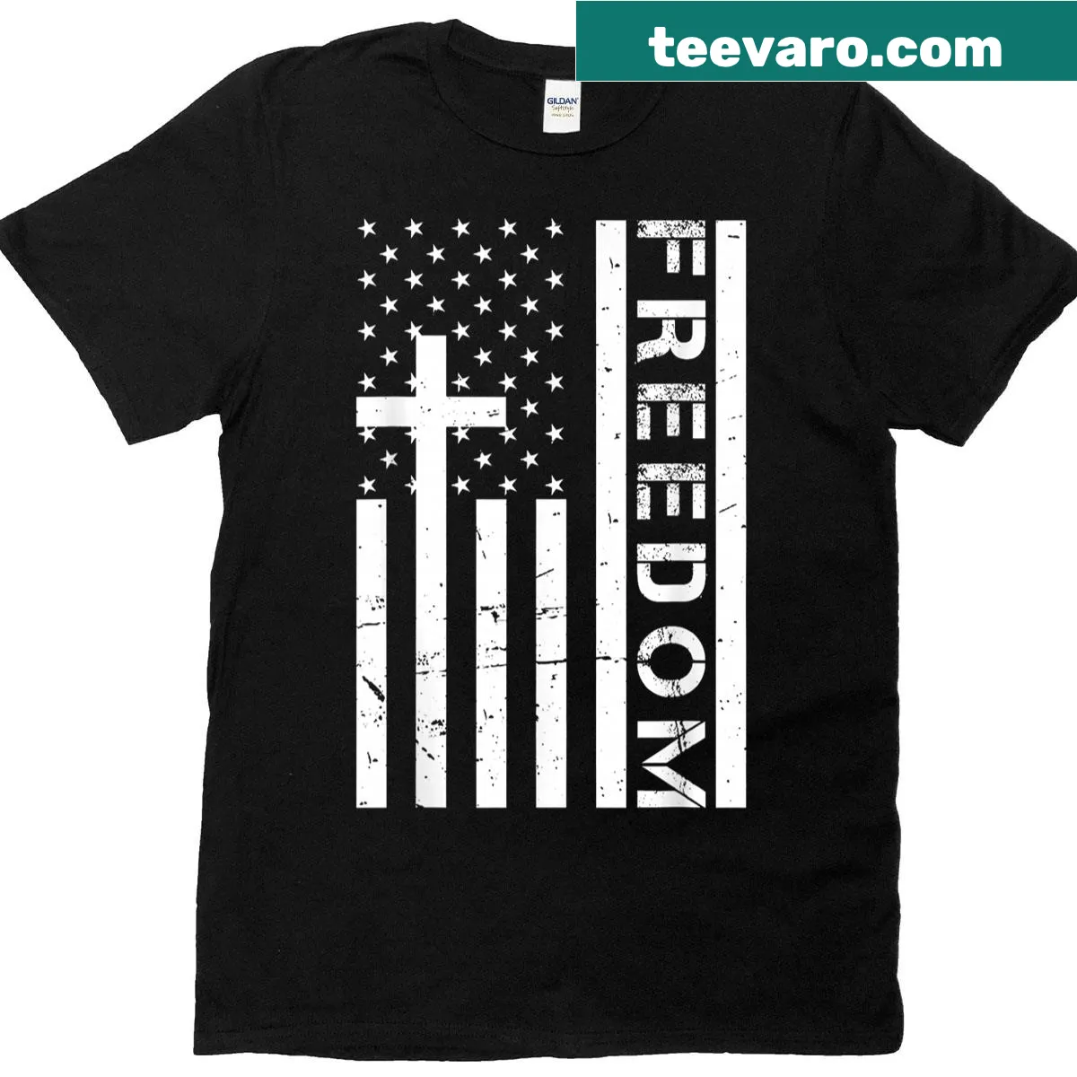 American flag and cross design on a T-shirt — on a men's t-shirt
