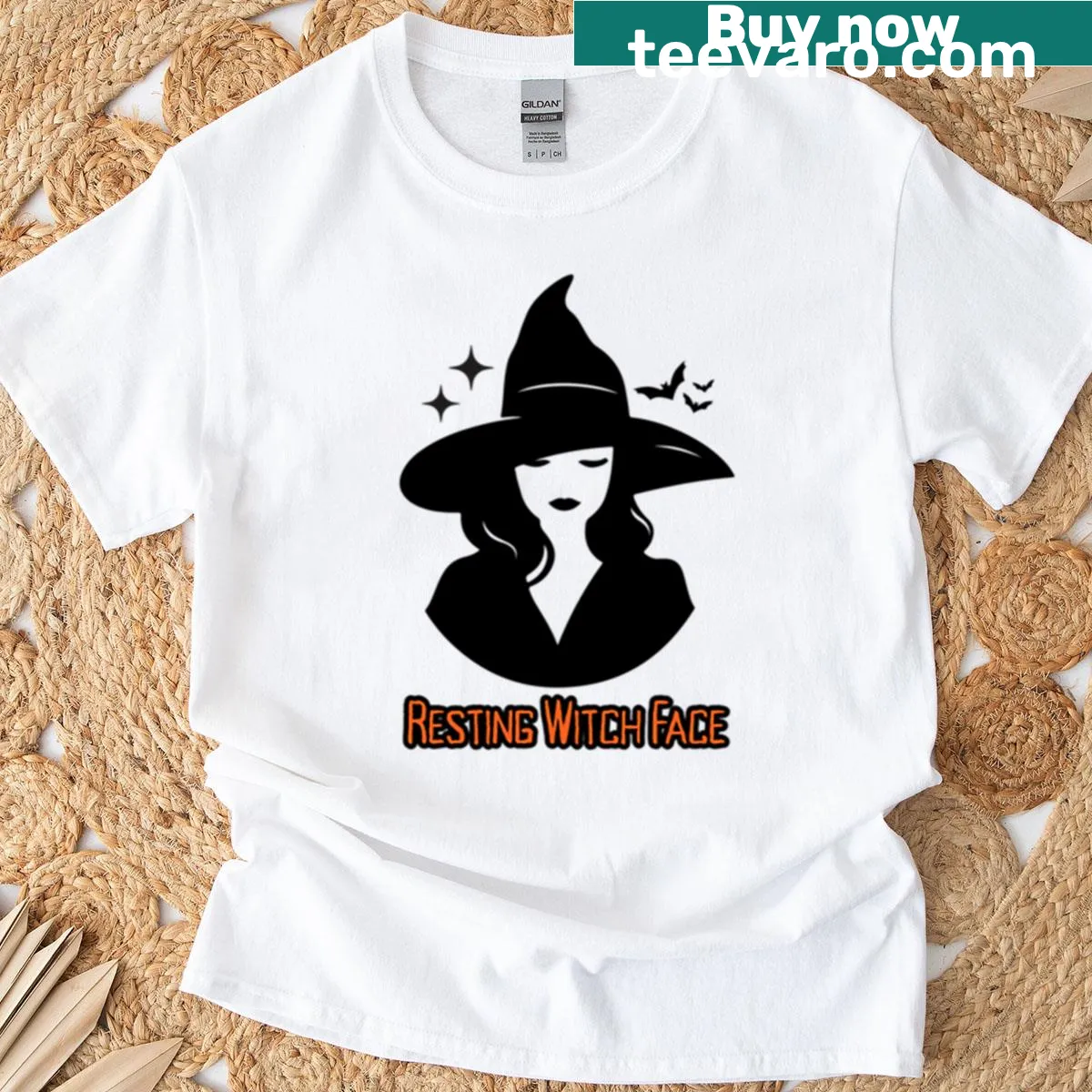 Resting Witch Face T-shirt with stars and bats design — on a men's t-shirt