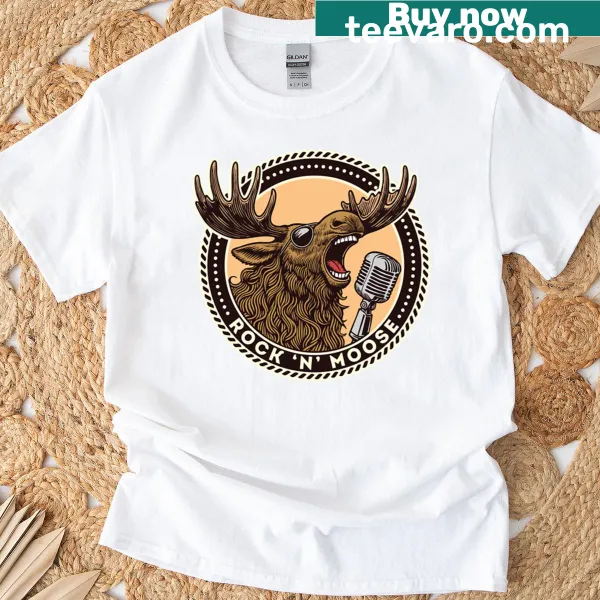 Funny moose graphic t-shirt with retro concert theme.